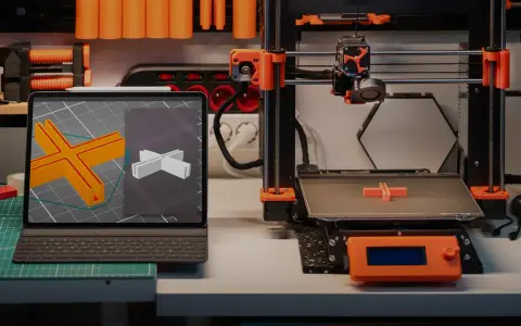 Na stole warsztatowym widać różne rodzaje drukarek 3D, tablet z modelem 3D i wydrukowany element.