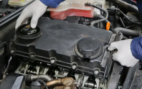 Mechanik w białych rękawiczkach sprawdza silnik, odkręcając korek wlewu oleju. Widać elementy rozrządu i pokrywę zaworów.