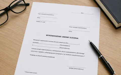Dokument wypowiedzenie umowy zlecenia na drewnianym biurku, obok długopis i okulary.