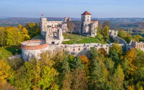 Ruiny zamku na wzgórzu, część szlaku Orlich Gniazd. Jesienne drzewa otaczają kamienne mury.