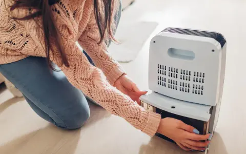 Donna controlla il serbatoio del deumidificatore, sperando che non faccia acqua.