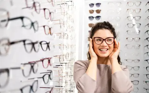Uśmiechnięta kobieta przymierza okulary. Wkrótce skorzysta z refundacji okularów przez pracodawcę, by wybrać idealną parę.
