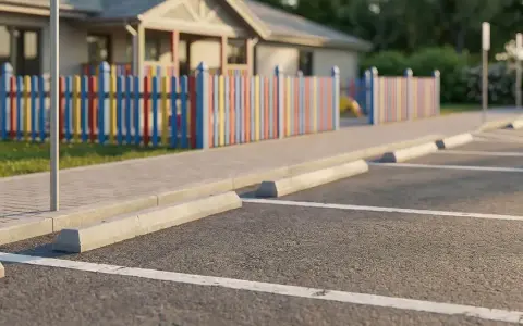 Parking, chodnik i kolorowy płotek oddzielają plac zabaw od miejsc parkingowych. Odległość miejsc parkingowych od granicy działki jest widoczna.