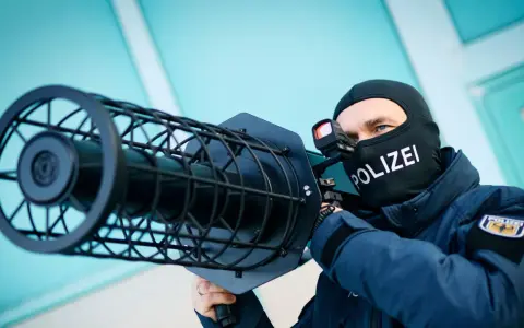 Polizist mit Sturmhaube und "POLIZEI"-Aufdruck zielt mit einer Drohnenabwehrwaffe.