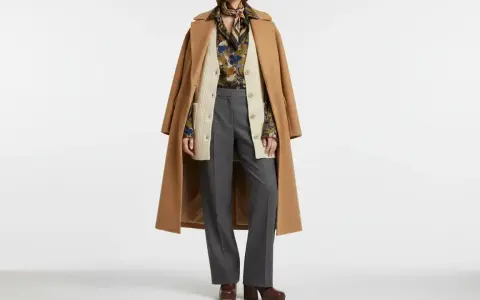 Modello con cappotto cammello, cardigan beige, camicia fantasia, pantaloni grigi e scarpe marroni. Un esempio di vestirsi a cipolla significato per adattarsi a ogni temperatura.