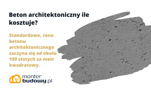 Szary beton architektoniczny z widocznymi porami i tekstem informującym o cenie.