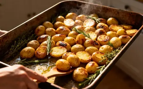 Pommes de terre grenaille au four, dorées et fumantes, parsemées de romarin et de thym. Un délice croustillant prêt à être dégusté.