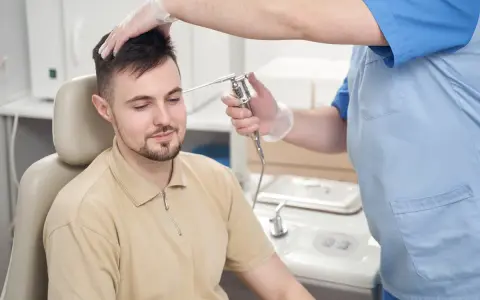Lekarz bada ucho pacjenta, używając otoskopu. Pacjent czuje lekki powiew powietrza w uchu.