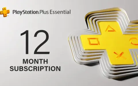 PlayStation Plus Essential: 12-miesięczna subskrypcja z dostępem do gier. Ikona PS Plus i przyciski kontrolera.