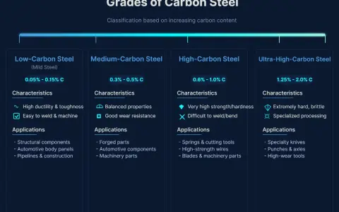 Classificazione dei gradi di carbon steel: da basso a ultra-alto tenore di carbonio, con caratteristiche e applicazioni.