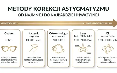 Metody korekcji astygmatyzmu: okulary, soczewki, ortokorekcja, laser, ICL. Od najmniej do najbardziej inwazyjnej, zależnie od wieku i potrzeb.