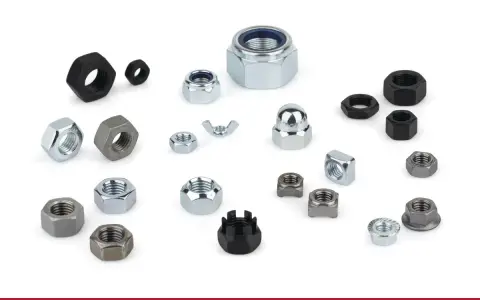 Variedad de tipos de tuercas: hexagonales, mariposa, ciegas y dentadas, en diferentes materiales y tamaños.