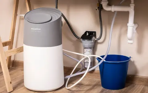 Instalación de descalcificador Equation bajo el fregadero, con filtro y cubo azul para recoger agua.