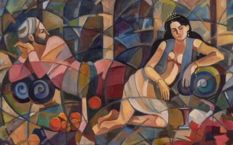 Un homme et une femme dans un décor géométrique, dans le style d'un peintre cubiste.