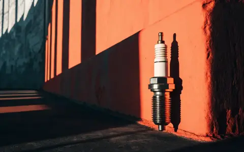 Une bougie d'allumage, comme une poire d'amorçage reste enfoncée, se dresse sur un mur orangé, projetant une ombre nette sous la lumière du soleil.
