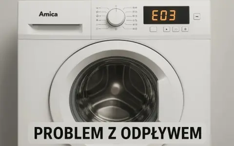 Pralka Amica z wyświetlonym błędem E03, wskazującym na problem z odpływem.