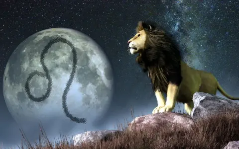 Lew na tle księżyca z symbolem Lwa. Nocne niebo pełne gwiazd. Ascendent w Lwie.