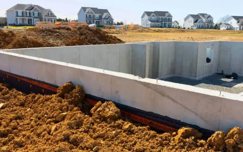 Betonowa ława fundamentowa w wykopie, otoczona ziemią. W tle nowe domy w budowie.