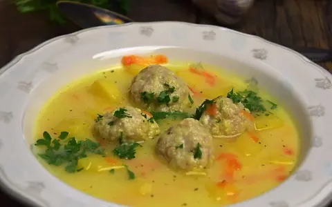 Aksamitna zupa klopsowa babci z ziemniakami i marchewką, udekorowana natką pietruszki. Pyszne wspomnienie dzieciństwa.