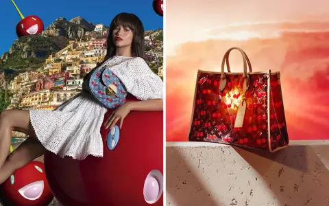 Zendaya poses with a Louis Vuitton cherry-themed bag, while another Louis Vuitton bag with the same motif glows against a sunset.