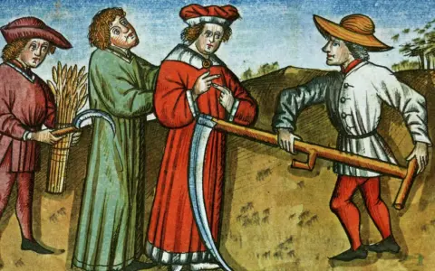 Mittelalterliche Berufe: Bauern bei der Ernte mit Sicheln und einem Mann, der mit einem Werkzeug den Boden bearbeitet.