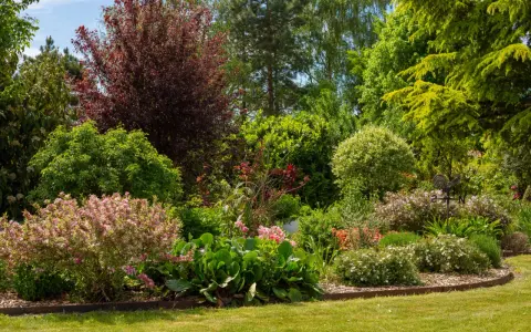 Un magnifique jardin printanier avec un arbre en fleur en ce moment, des arbustes aux teintes rouges et vertes, et des parterres de fleurs roses et blanches.