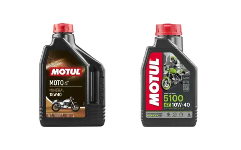 Huiles Motul : 15W40 minérale vs 10W-40 Technosynthese. La différence entre 10w40 et 15w40 est visible sur ces deux bidons.