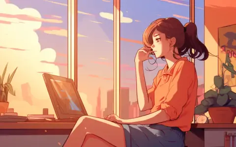 Dziewczyna zamyślona przy laptopie, zastanawia się nad różnicami INFJ-A i INFJ-T. Zachód słońca za oknem.