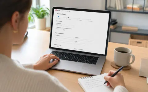 Kobieta wypełnia wniosek CEIDG-1 na laptopie, przygotowując się do prowadzenia działalności gospodarczej.