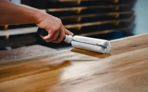 Main d'artisan appliquant une couche de vernis sur une table en bois avec un rouleau, pour la protéger et la sublimer.