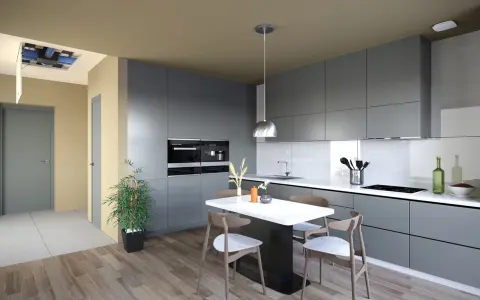 Cuisine moderne avec îlot central. Un système hygro A ou B est visible au plafond, assurant une ventilation optimale.