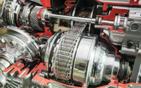 Przekładnia bezstopniowa z widocznym łańcuchem i elementami mechanicznymi.