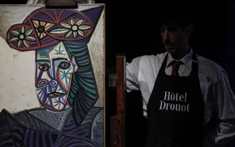 Portrait de Dora Maar par Picasso, présenté par un employé de l'Hôtel Drouot.