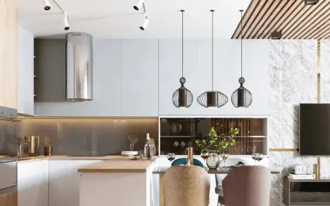 Cocina moderna con campana extractora plateada, lámparas colgantes de diseño y una mesa lista para cenar. La iluminación ambiental crea una atmósfera acogedora, con suficientes **lúmenes por m2** para cada actividad.