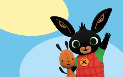 Bing i jego przyjaciel Flop, uśmiechnięte bing postacie, machają na tle błękitnego nieba i żółtego słońca.
