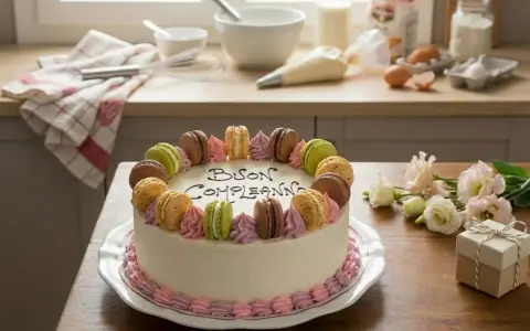 Torta di compleanno decorata con macarons, perfetta tra le torte di compleanno semplici da fare in casa.