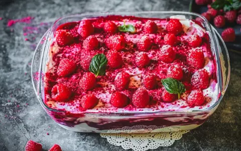 Ein köstliches Tiramisu mit frischen Himbeeren und Minze, das zeigt, wie man Tiramisu dekorativ anrichten kann.