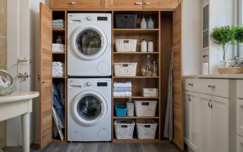Solución para organizar lavadero muy pequeño: lavadora y secadora apiladas, estantes con toallas, cestas y productos de limpieza.