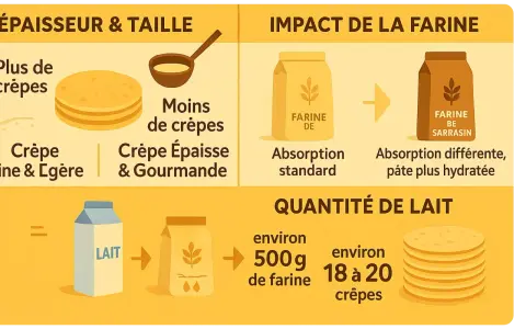 Infographie expliquant quelle farine pour les crêpes. Elle montre l'impact de la farine sur la texture et la quantité de lait nécessaire.