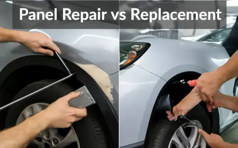 Split image shows auto body damage repair on the left and panel replacement on the right.