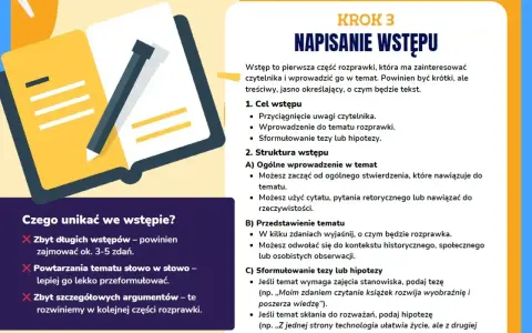 Ilustracja pokazuje otwartą książkę z ołówkiem, symbolizującą pisanie. Tekst omawia pisanie wstępu do rozprawki, kluczowego elementu do przedstawienia argumentów za i przeciw.