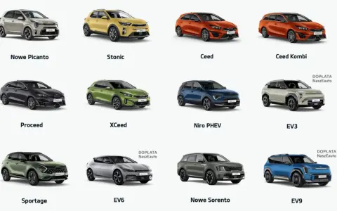 Różnorodne segmenty samochodów: Nowe Picanto, Stonic, Ceed, Ceed Kombi, Proceed, XCeed, Niro PHEV, EV3, Sportage, EV6, Nowe Sorento, EV9.