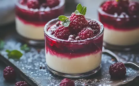 Tre läckra panna cotta i glas, toppade med hallon och mynta. Pudrade med florsocker.