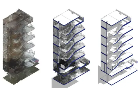 Tres vistas isométricas de un edificio: escaneo 3D detallado, corte con puntos de escaneo y corte simplificado. Útil para planos as-built normativa.
