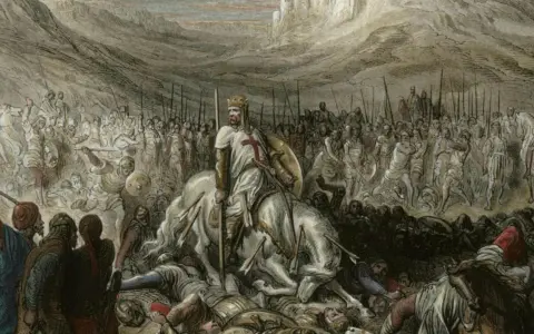 Ein Ritter auf einem weißen Pferd, umgeben von Pfeilen und gefallenen Kriegern. Seine Rüstung ist schlicht, was die spartanische Bedeutung von Einfachheit und Härte unterstreicht.