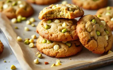 Pile de cookies pistache chocolat blanc, parsemés sur du papier cuisson. Un délice croustillant et gourmand.