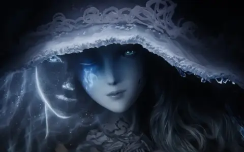 Ranni, la bruja de Elden Ring, con un velo helado y ojos brillantes, envuelta en energía cósmica.
