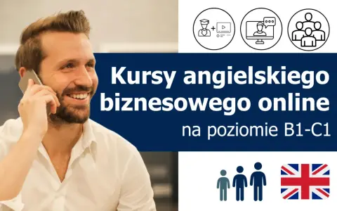 Uśmiechnięty mężczyzna rozmawia przez telefon. Obok napis "Kursy angielskiego biznesowego online" i ikony symbolizujące naukę.