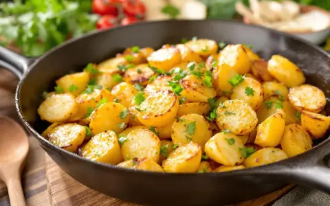 Poêlée de pommes de terre sautées, dorées et parsemées de persil frais, dans une poêle en fonte. Un délice simple et savoureux.