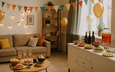 Décoration festive pour une pendaison de crémaillère : guirlandes, ballons, buffet garni. L'origine de cette tradition est de célébrer un nouveau foyer.